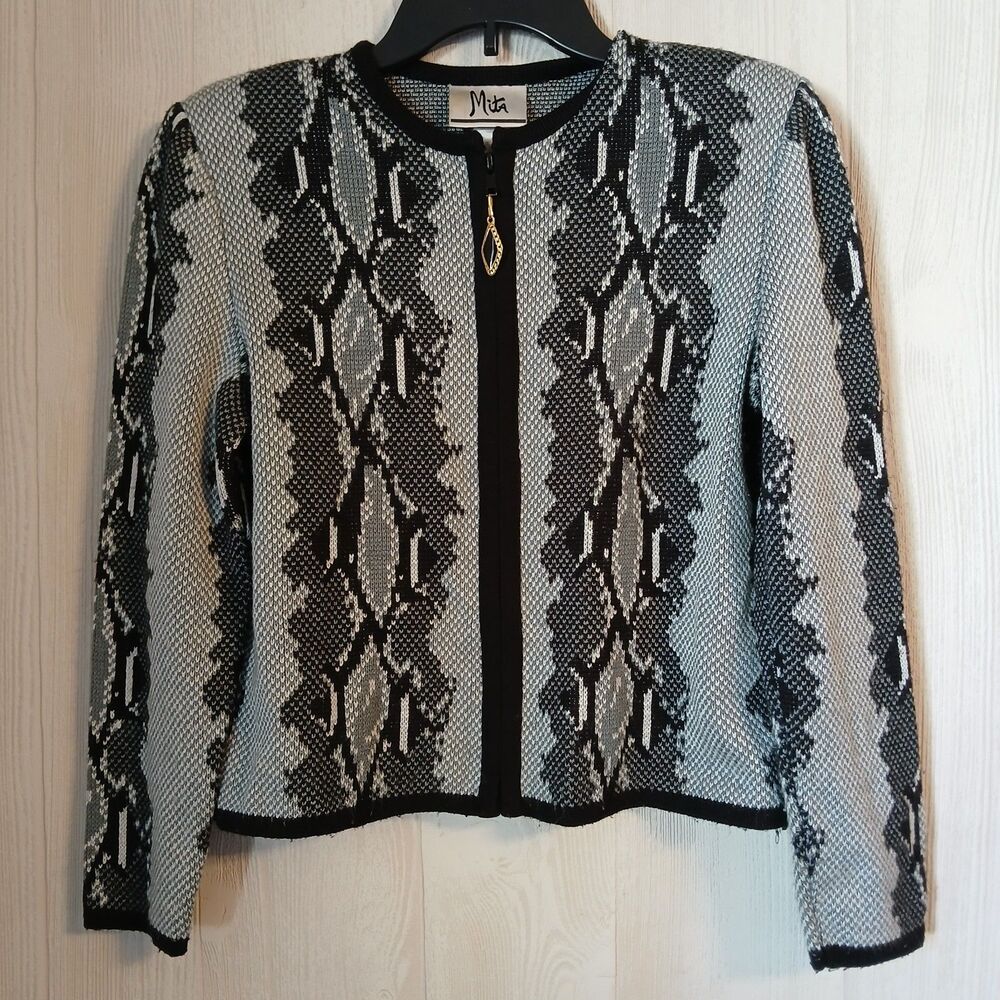 Mita Women's Size 2P Black Gray Reptile Print Zip-Up Fuzzy Sweater Jacket